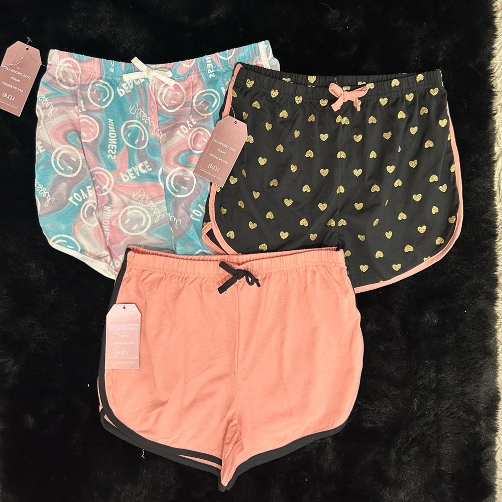 Dream Star Girls 3-Pack Lounge Shorts Set Size L 14 NWT Heart Peace Cotton Sleep